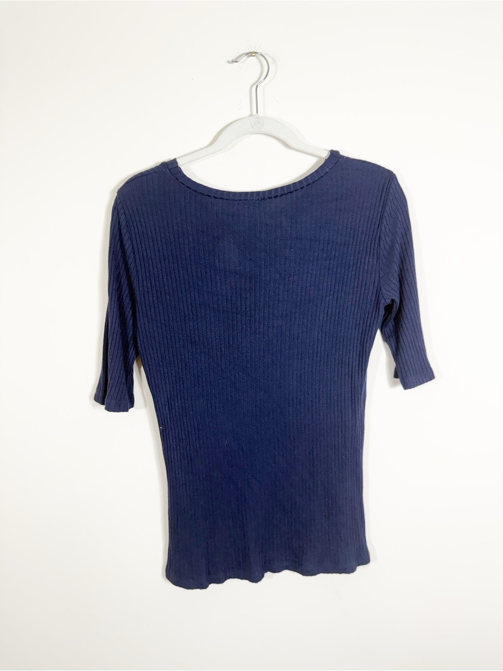 Reformation Janine Knit Top Navy Blue Short Sleeve Ribbed XL - Picture 5 of 7